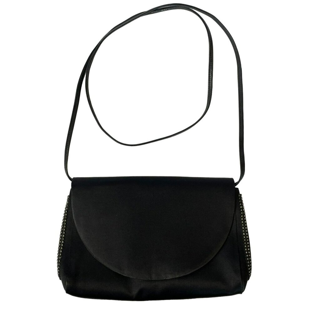 Vintage Charles Jourdan Black Satin Rhinestone Shoulder Bag Clutch 80s 90s Y2K